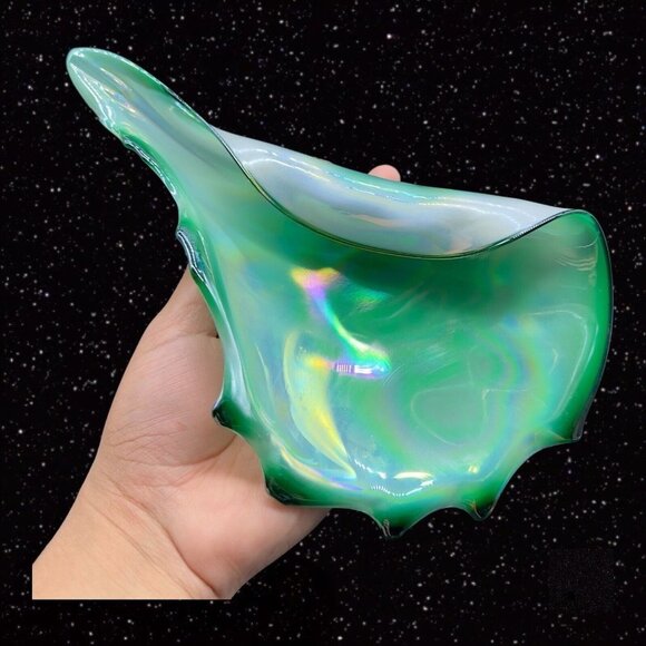 Polish Art Glass Folded Bowl Dish Glass Green Iridescent Poland Vintage 10”W 2”T - Picture 5 of 16